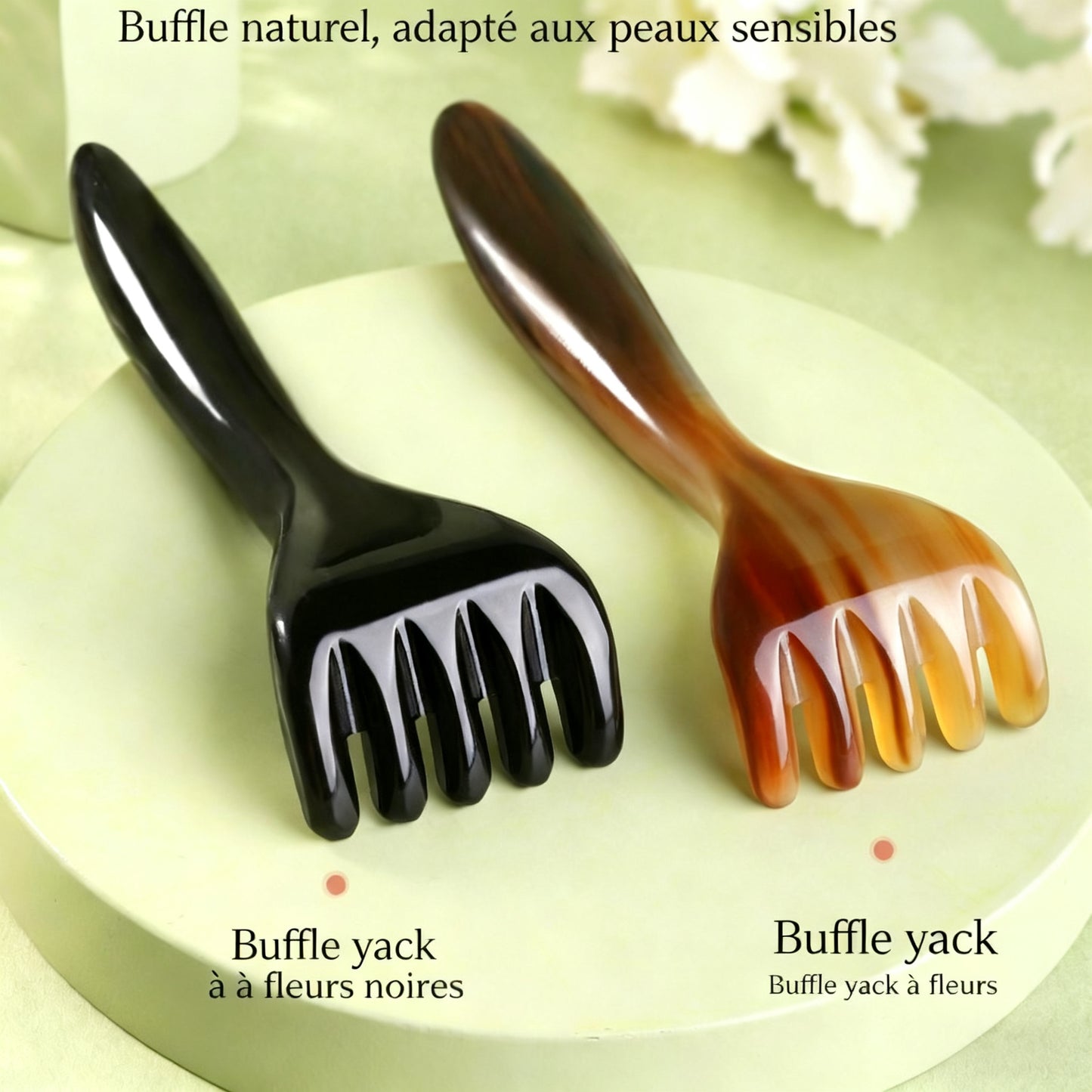 Peigne de massage 5 dents en corne naturelle pour le cuir chevelu, le cou et les épaules, avec fonction Gua Sha