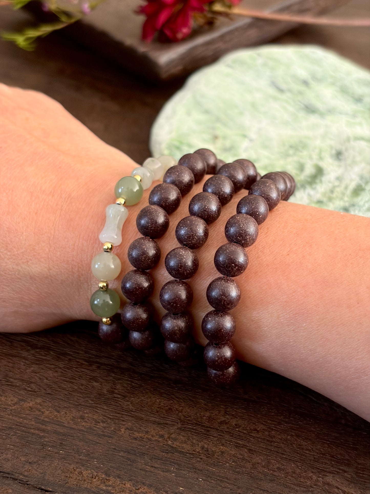 Collier & bracelet 3 ou 4 tours aux Herbes Médicinales « Souffle Pourpre » 紫气东来